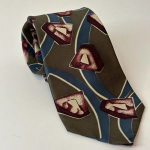 Oscar De La Renta Couture Designer Neck Tie, Abstract Olive Green/ Maroon/ Blue